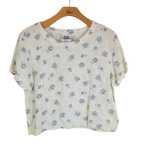 American Vintage Tops - Vintage Bay Street Linen Blouse Top Floral White Blue Size Large Boxy Fit Boho